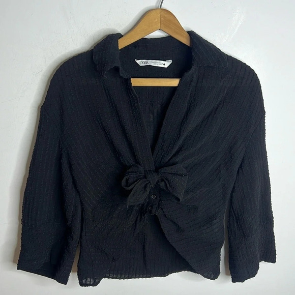 ZARA Knotted V Neck Collard Button Front Wide Sleeve Draped Textured Blouse - Picture 12 of 12